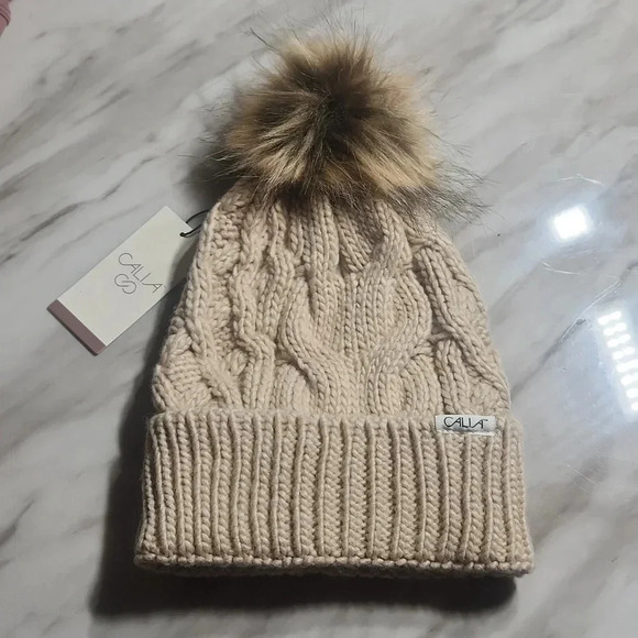 CALIA CABLE  KNIT POM BEANIE COLOR IS NATURAL - Picture 2 of 6